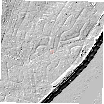 Shaded relief map of the ground around PO200ST, computed from Environment Agency LiDAR. The ground here sits at about 4 m above sea level and falls 10 m across the surrounding 800 m. Surface water reaching this point runs off ground lying to the west-north-west, 2.5 m higher.