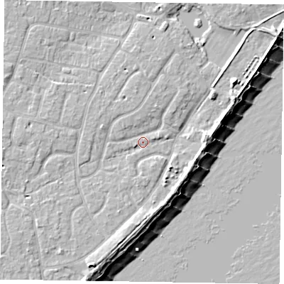 Shaded relief map of the ground around PO200SU, computed from Environment Agency LiDAR. The ground here sits at about 3 m above sea level and falls 9 m across the surrounding 800 m. Surface water reaching this point runs off ground lying to the south-south-west, 4.6 m higher.