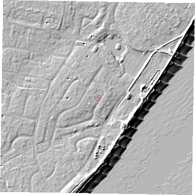 Shaded relief map of the ground around PO200SX, computed from Environment Agency LiDAR. The ground here sits at about 4 m above sea level and falls 8 m across the surrounding 800 m. The ground contributing surface water to this point lies to the west.