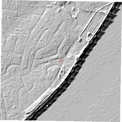 Shaded relief map of the ground around PO200SY, computed from Environment Agency LiDAR. The ground here sits at about 3 m above sea level and falls 9 m across the surrounding 800 m. Surface water reaching this point runs off ground lying to the south-south-west, 4.6 m higher.