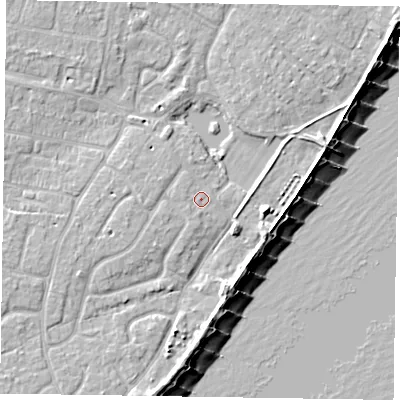 Shaded relief map of the ground around PO200SZ, computed from Environment Agency LiDAR. The ground here sits at about 3 m above sea level and falls 8 m across the surrounding 800 m. Surface water reaching this point runs off ground lying to the east, 4.6 m higher.
