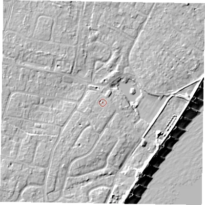 Shaded relief map of the ground around PO200TA, computed from Environment Agency LiDAR. The ground here sits at about 4 m above sea level and falls 8 m across the surrounding 800 m. Surface water reaching this point runs off ground lying to the west-south-west, 2.0 m higher.