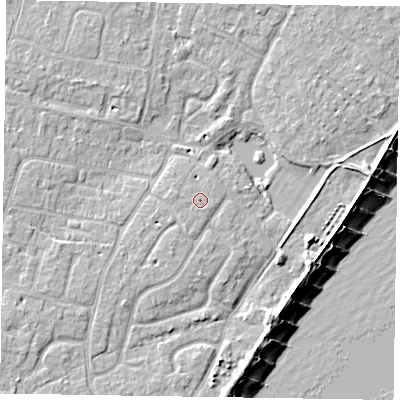Shaded relief map of the ground around PO200TB, computed from Environment Agency LiDAR. The ground here sits at about 4 m above sea level and falls 8 m across the surrounding 800 m. Surface water reaching this point runs off ground lying to the west-north-west, 0.6 m higher.