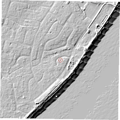 Shaded relief map of the ground around PO200TE, computed from Environment Agency LiDAR. The ground here sits at about 3 m above sea level and falls 9 m across the surrounding 800 m. Surface water reaching this point runs off ground lying to the south-south-west, 3.8 m higher.