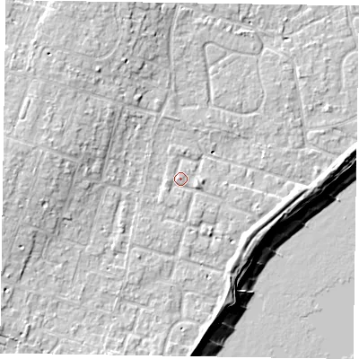 Shaded relief map of the ground around PO200TN, computed from Environment Agency LiDAR. The ground here sits at about 6 m above sea level and falls 11 m across the surrounding 800 m. Surface water reaching this point runs off ground lying to the south-west, 0.9 m higher.