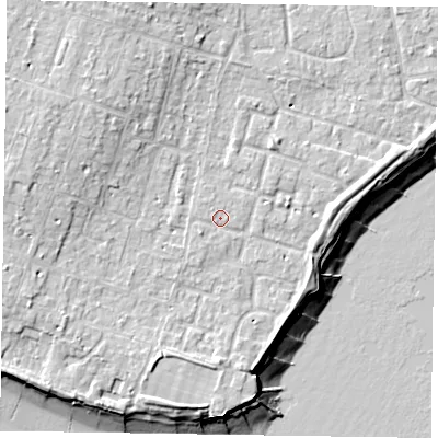 Shaded relief map of the ground around PO200TT, computed from Environment Agency LiDAR. The ground here sits at about 5 m above sea level and falls 11 m across the surrounding 800 m. Surface water reaching this point runs off ground lying to the south-south-west, 3.2 m higher.