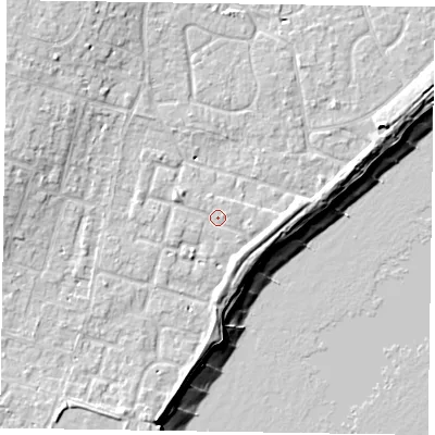 Shaded relief map of the ground around PO200TW, computed from Environment Agency LiDAR. The ground here sits at about 5 m above sea level and falls 11 m across the surrounding 800 m. Surface water reaching this point runs off ground lying to the south-west, 3.2 m higher.