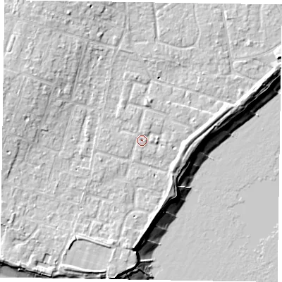 Shaded relief map of the ground around PO200TY, computed from Environment Agency LiDAR. The ground here sits at about 5 m above sea level and falls 11 m across the surrounding 800 m. Surface water reaching this point runs off ground lying to the south-west, 3.2 m higher.