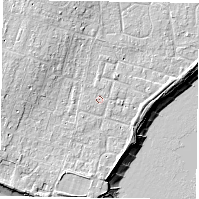 Shaded relief map of the ground around PO200TZ, computed from Environment Agency LiDAR. The ground here sits at about 5 m above sea level and falls 11 m across the surrounding 800 m. Surface water reaching this point runs off ground lying to the north-north-east, 0.7 m higher.