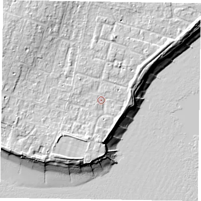 Shaded relief map of the ground around PO200UA, computed from Environment Agency LiDAR. The ground here sits at about 5 m above sea level and falls 11 m across the surrounding 800 m. Surface water reaching this point runs off ground lying to the south-south-west, 2.9 m higher.