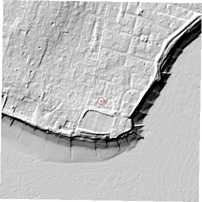 Shaded relief map of the ground around PO200UF, computed from Environment Agency LiDAR. The ground here sits at about 6 m above sea level and falls 11 m across the surrounding 800 m. Surface water reaching this point runs off ground lying to the south-east, 2.1 m higher.
