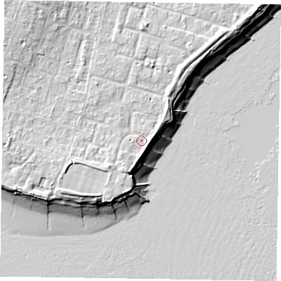 Shaded relief map of the ground around PO200UG, computed from Environment Agency LiDAR. The ground here sits at about 5 m above sea level and falls 11 m across the surrounding 800 m. Surface water reaching this point runs off ground lying to the south-south-west, 2.2 m higher.