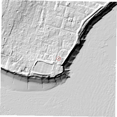 Shaded relief map of the ground around PO200UQ, computed from Environment Agency LiDAR. The ground here sits at about 6 m above sea level and falls 11 m across the surrounding 800 m. Surface water reaching this point runs off ground lying to the south-south-west, 1.2 m higher.