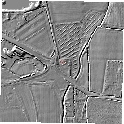 Shaded relief map of the ground around PO201EL, computed from Environment Agency LiDAR. The ground here sits at about 9 m above sea level and falls 7 m across the surrounding 800 m. Surface water reaching this point runs off ground lying to the west-north-west, 1.1 m higher.