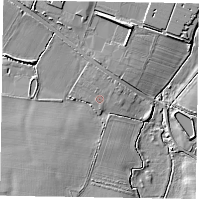 Shaded relief map of the ground around PO201LJ, computed from Environment Agency LiDAR. The ground here sits at about 5 m above sea level and falls 9 m across the surrounding 800 m. Surface water reaching this point runs off ground lying to the north-north-east, 1.6 m higher.