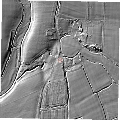Shaded relief map of the ground around PO201LN, computed from Environment Agency LiDAR. The ground here sits at about 5 m above sea level and falls 9 m across the surrounding 800 m. Surface water reaching this point runs off ground lying to the east, 3.5 m higher.