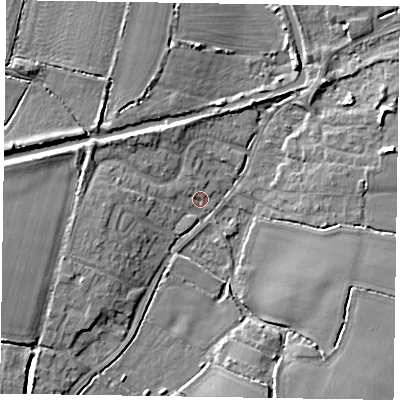 Shaded relief map of the ground around PO201PD, computed from Environment Agency LiDAR. The ground here sits at about 4 m above sea level and falls 6 m across the surrounding 800 m. Surface water reaching this point runs off ground lying to the north-west, 3.9 m higher.
