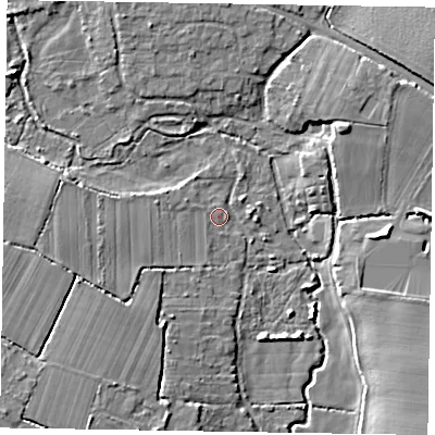 Shaded relief map of the ground around PO201PS, computed from Environment Agency LiDAR. The ground here sits at about 4 m above sea level and falls 8 m across the surrounding 800 m. Surface water reaching this point runs off ground lying to the south-west, 0.9 m higher.