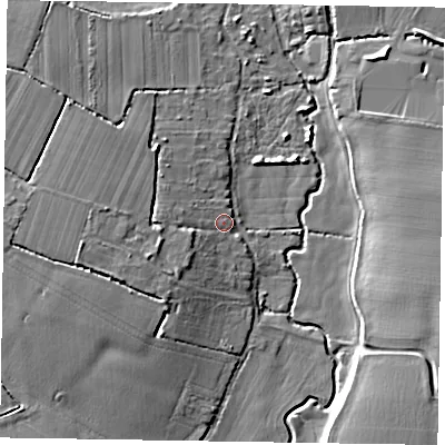 Shaded relief map of the ground around PO201PT, computed from Environment Agency LiDAR. The ground here sits at about 4 m above sea level and falls 8 m across the surrounding 800 m. Surface water reaching this point runs off ground lying to the west, 4.8 m higher.