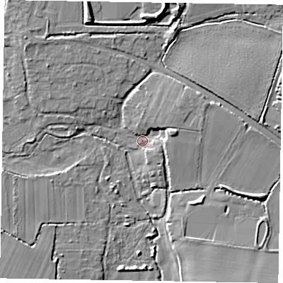Shaded relief map of the ground around PO201PU, computed from Environment Agency LiDAR. The ground here sits at about 3 m above sea level and falls 10 m across the surrounding 800 m. Surface water reaching this point runs off ground lying to the east-north-east, 4.4 m higher.