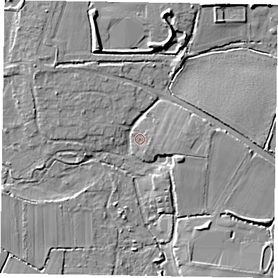 Shaded relief map of the ground around PO201PX, computed from Environment Agency LiDAR. The ground here sits at about 4 m above sea level and falls 10 m across the surrounding 800 m. Surface water reaching this point runs off ground lying to the east, 1.6 m higher.