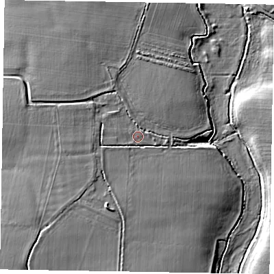 Shaded relief map of the ground around PO201XJ, computed from Environment Agency LiDAR. The ground here sits at about 6 m above sea level and falls 8 m across the surrounding 800 m. Surface water reaching this point runs off ground lying to the north-north-west, 2.2 m higher.
