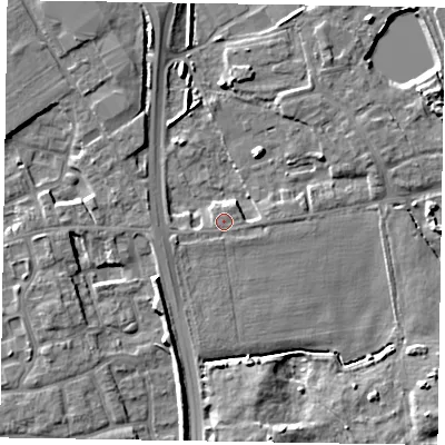 Shaded relief map of the ground around PO202AG, computed from Environment Agency LiDAR. The ground here sits at about 15 m above sea level and falls 7 m across the surrounding 800 m. Surface water reaching this point runs off ground lying to the west-south-west, 1.2 m higher.