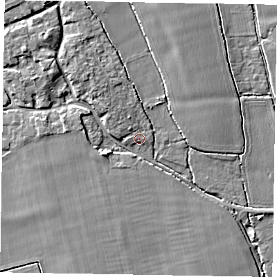 Shaded relief map of the ground around PO202DN, computed from Environment Agency LiDAR. The ground here sits at about 10 m above sea level and falls 7 m across the surrounding 800 m. Surface water reaching this point runs off ground lying to the north-west, 2.2 m higher.