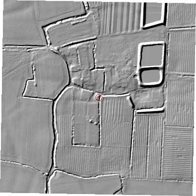 Shaded relief map of the ground around PO202DU, computed from Environment Agency LiDAR. The ground here sits at about 4 m above sea level and falls 8 m across the surrounding 800 m. Surface water reaching this point runs off ground lying to the north-east, 6.6 m higher.