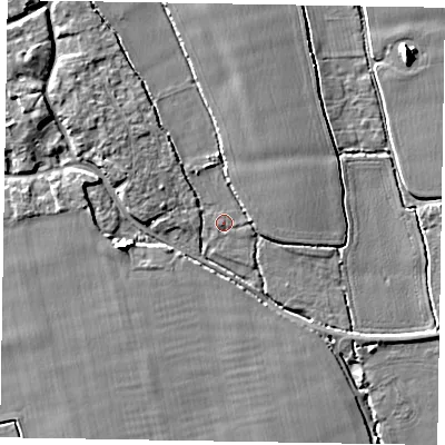 Shaded relief map of the ground around PO202DW, computed from Environment Agency LiDAR. The ground here sits at about 10 m above sea level and falls 8 m across the surrounding 800 m. Surface water reaching this point runs off ground lying to the north-west, 3.5 m higher.