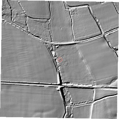 Shaded relief map of the ground around PO202FH, computed from Environment Agency LiDAR. The ground here sits at about 8 m above sea level and falls 7 m across the surrounding 800 m. Surface water reaching this point runs off ground lying to the south, 6.5 m higher.