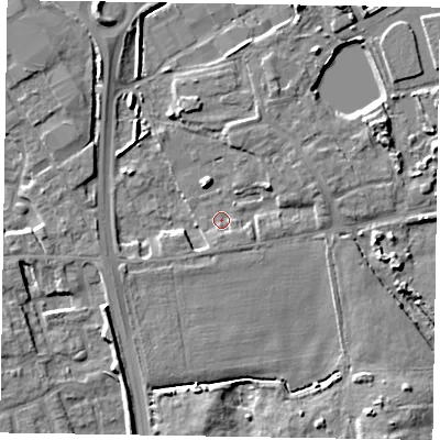 Shaded relief map of the ground around PO202GD, computed from Environment Agency LiDAR. The ground here sits at about 14 m above sea level and falls 8 m across the surrounding 800 m. Surface water reaching this point runs off ground lying to the north-east, 3.1 m higher.