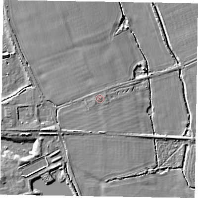 Shaded relief map of the ground around PO202GL, computed from Environment Agency LiDAR. The ground here sits at about 12 m above sea level and falls 5 m across the surrounding 800 m. The ground contributing surface water to this point lies to the east.