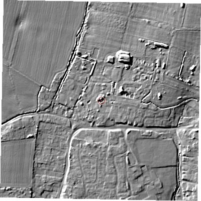 Shaded relief map of the ground around PO203AS, computed from Environment Agency LiDAR. The ground here sits at about 14 m above sea level and falls 10 m across the surrounding 800 m. Surface water reaching this point runs off ground lying to the east-north-east, 4.4 m higher.