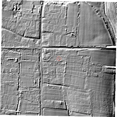 Shaded relief map of the ground around PO203GU, computed from Environment Agency LiDAR. The ground here sits at about 9 m above sea level and falls 10 m across the surrounding 800 m. Surface water reaching this point runs off ground lying to the north-north-east, 0.7 m higher.