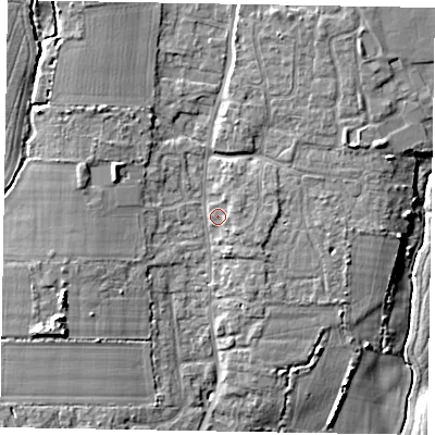 Shaded relief map of the ground around PO203QJ, computed from Environment Agency LiDAR. The ground here sits at about 9 m above sea level and falls 10 m across the surrounding 800 m. Surface water reaching this point runs off ground lying to the north-north-east, 4.1 m higher.