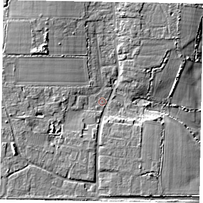 Shaded relief map of the ground around PO203QS, computed from Environment Agency LiDAR. The ground here sits at about 8 m above sea level and falls 11 m across the surrounding 800 m. Surface water reaching this point runs off ground lying to the south-south-west, 3.9 m higher.
