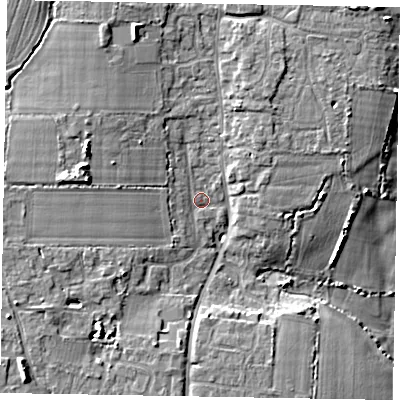 Shaded relief map of the ground around PO203QT, computed from Environment Agency LiDAR. The ground here sits at about 8 m above sea level and falls 11 m across the surrounding 800 m. Surface water reaching this point runs off ground lying to the west, 6.3 m higher.