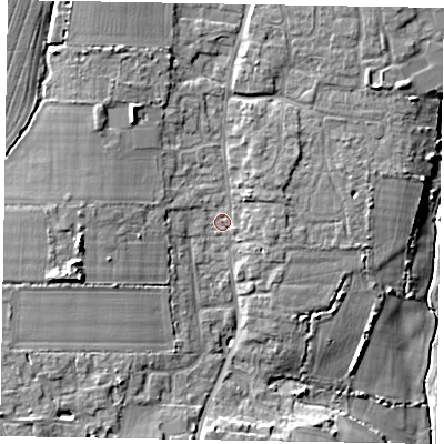 Shaded relief map of the ground around PO203QU, computed from Environment Agency LiDAR. The ground here sits at about 8 m above sea level and falls 11 m across the surrounding 800 m. Surface water reaching this point runs off ground lying to the north-west, 4.9 m higher.