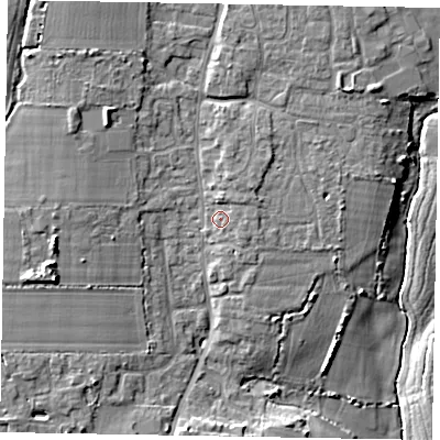 Shaded relief map of the ground around PO203QX, computed from Environment Agency LiDAR. The ground here sits at about 9 m above sea level and falls 11 m across the surrounding 800 m. Surface water reaching this point runs off ground lying to the south-east, 1.2 m higher.