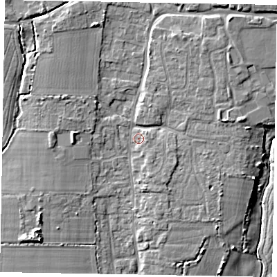 Shaded relief map of the ground around PO203QY, computed from Environment Agency LiDAR. The ground here sits at about 9 m above sea level and falls 10 m across the surrounding 800 m. Surface water reaching this point runs off ground lying to the north-north-east, 4.0 m higher.