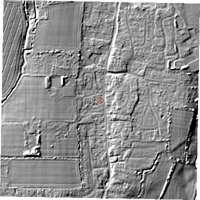 Shaded relief map of the ground around PO203QZ, computed from Environment Agency LiDAR. The ground here sits at about 9 m above sea level and falls 10 m across the surrounding 800 m. Surface water reaching this point runs off ground lying to the north-north-east, 4.3 m higher.