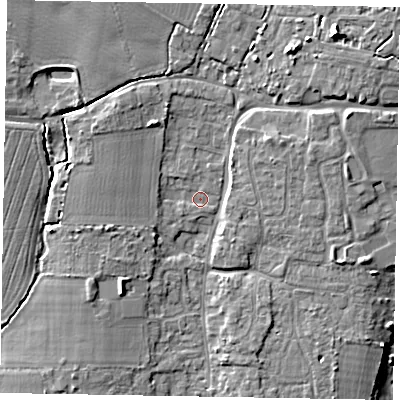 Shaded relief map of the ground around PO203RH, computed from Environment Agency LiDAR. The ground here sits at about 10 m above sea level and falls 12 m across the surrounding 800 m. Surface water reaching this point runs off ground lying to the north-east, 7.0 m higher.