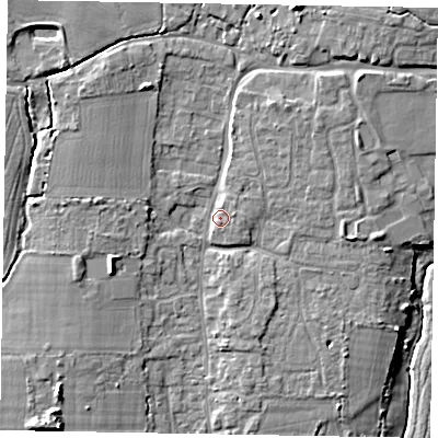 Shaded relief map of the ground around PO203RJ, computed from Environment Agency LiDAR. The ground here sits at about 10 m above sea level and falls 11 m across the surrounding 800 m. Surface water reaching this point runs off ground lying to the north-north-east, 5.6 m higher.
