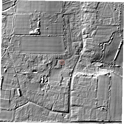 Shaded relief map of the ground around PO203RL, computed from Environment Agency LiDAR. The ground here sits at about 9 m above sea level and falls 9 m across the surrounding 800 m. Surface water reaching this point runs off ground lying to the south-west, 3.6 m higher.