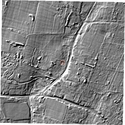 Shaded relief map of the ground around PO203RU, computed from Environment Agency LiDAR. The ground here sits at about 13 m above sea level and falls 10 m across the surrounding 800 m. Surface water reaching this point runs off ground lying to the north, 4.6 m higher.
