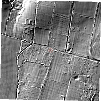 Shaded relief map of the ground around PO203SA, computed from Environment Agency LiDAR. The ground here sits at about 18 m above sea level and falls 15 m across the surrounding 800 m. Surface water reaching this point runs off ground lying to the north-north-east, 10.6 m higher.