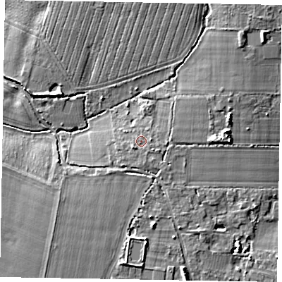 Shaded relief map of the ground around PO203TF, computed from Environment Agency LiDAR. The ground here sits at about 11 m above sea level and falls 7 m across the surrounding 800 m. Surface water reaching this point runs off ground lying to the south-west, 0.9 m higher.