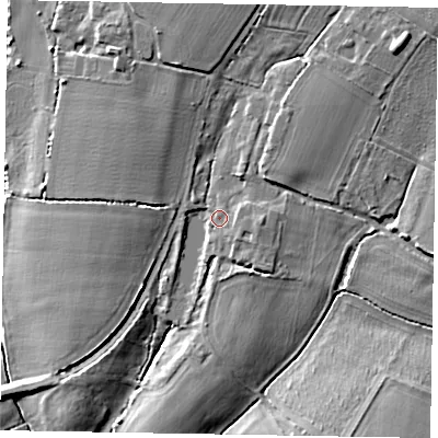 Shaded relief map of the ground around PO203TJ, computed from Environment Agency LiDAR. The ground here sits at about 7 m above sea level and falls 10 m across the surrounding 800 m. Surface water reaching this point runs off ground lying to the east-south-east, 1.2 m higher.