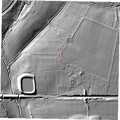 Shaded relief map of the ground around PO203TL, computed from Environment Agency LiDAR. The ground here sits at about 10 m above sea level and falls 12 m across the surrounding 800 m. Surface water reaching this point runs off ground lying to the south, 0.5 m higher.